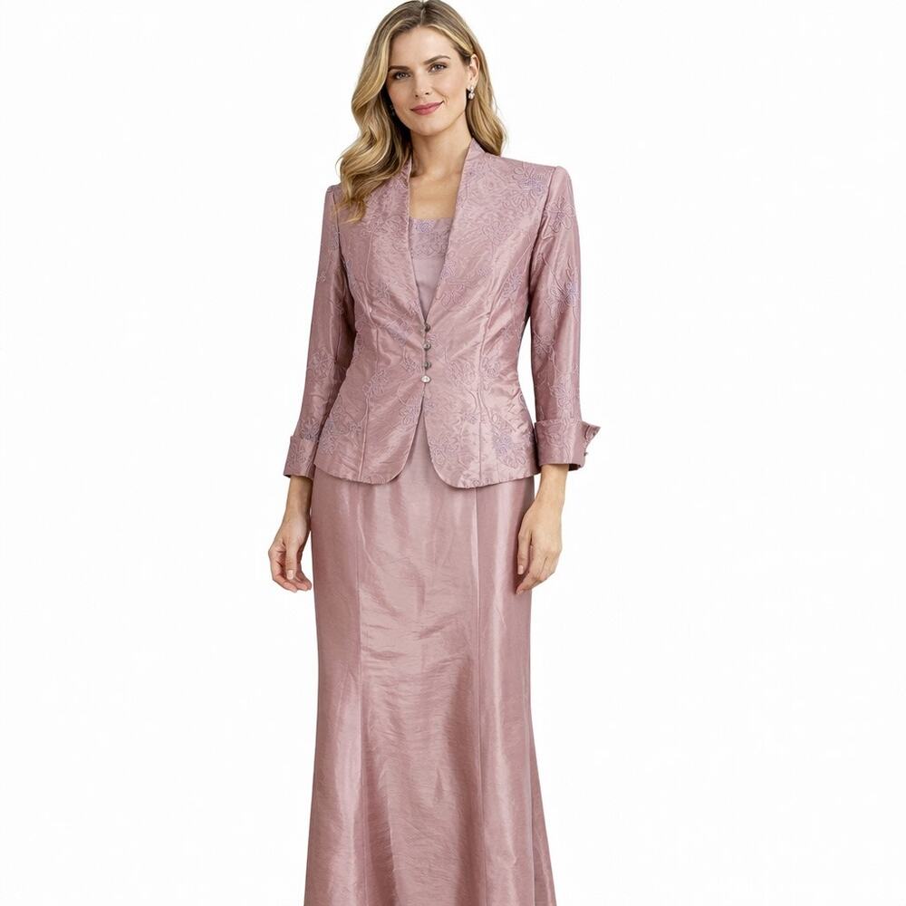 J.R. Nites by Calendo 2 Pc Formal Dress Jacket Set Pink Embroidered Taffeta 10